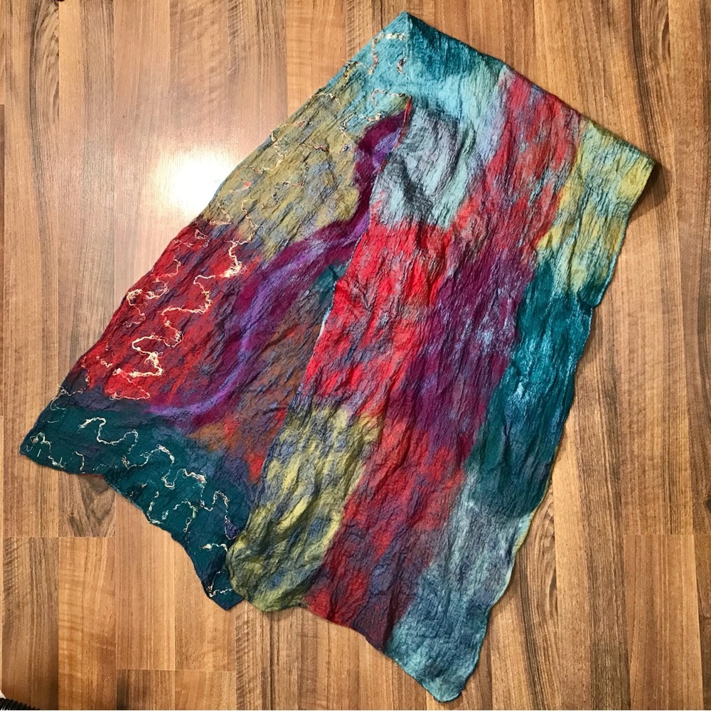 Windhorse silk and wool vibrant rainbow abstract dye woven scarf with embroidery
